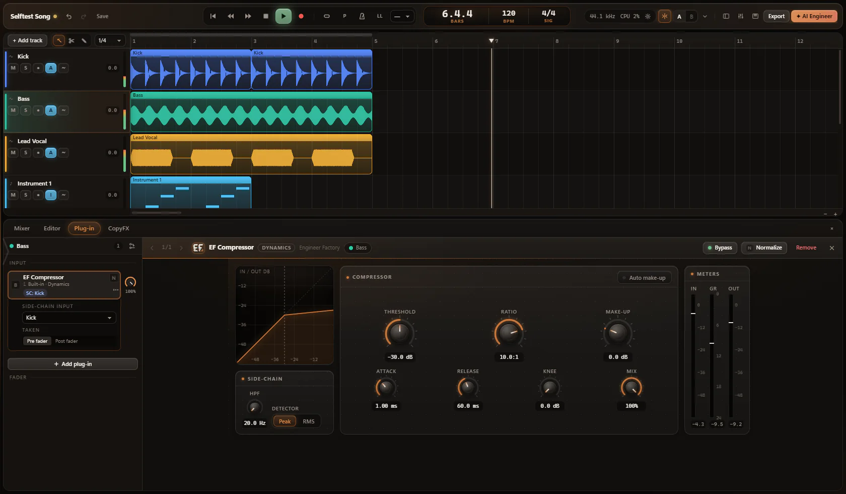 The EF Compressor in Engineer Factory, driven by the kick: threshold, ratio, make-up, attack, release, knee, mix and meters
