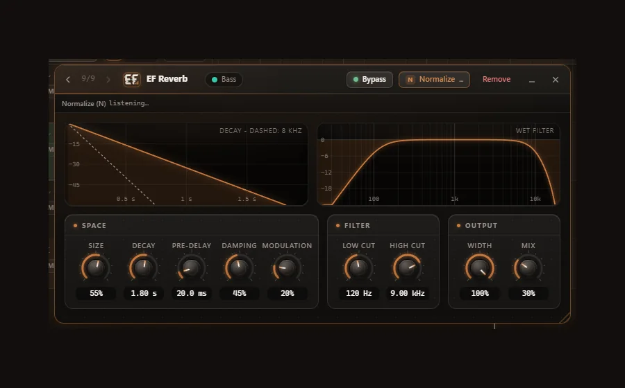 The EF Reverb window in Engineer Factory